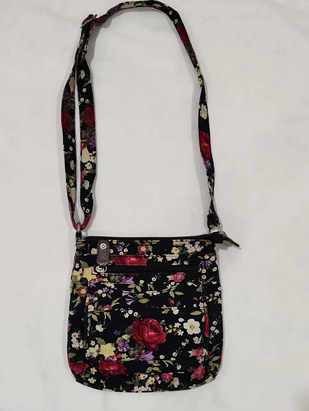 Floral Crossbody Bag - Black with Red Rose Print